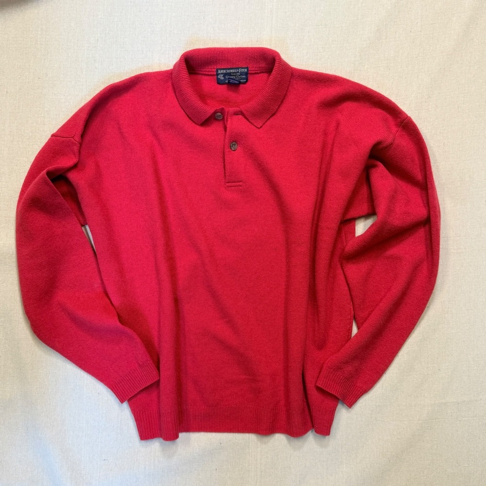 Vintage Abercrombie & Fitch Red 100% Lambswool Polo Sweater XL Made in Mauritius
